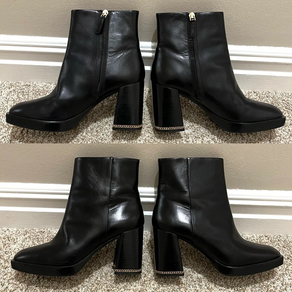 Tory Burch Ruby Block Heel Leather Booties Chain Link Size 8.5